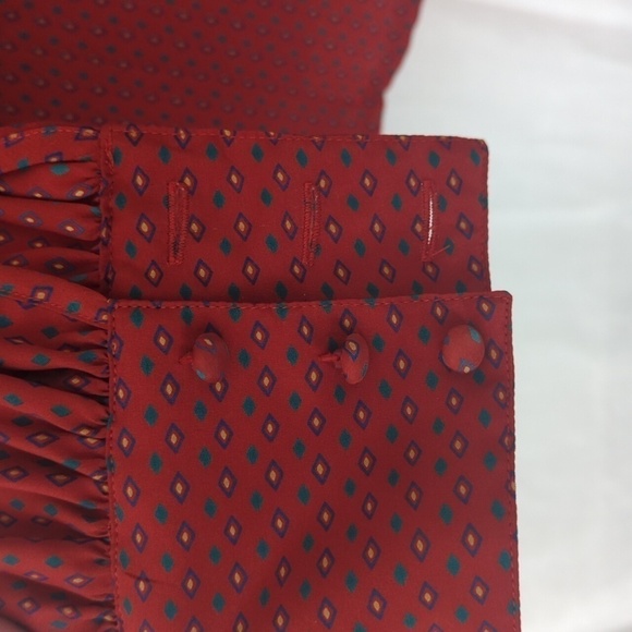 Vintage Mihang Red Diamond Patterned Pleat Front Puff Sleeve Button Up Size 8 - Picture 7 of 9